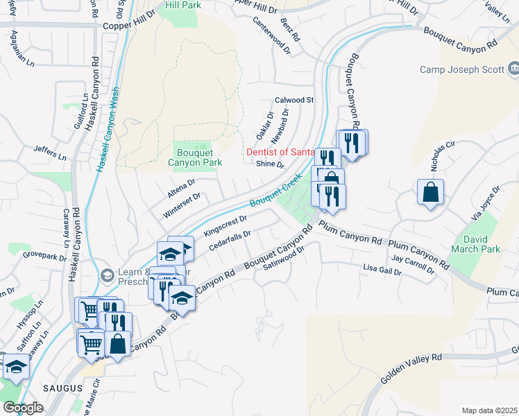 map of restaurants, bars, coffee shops, grocery stores, and more near 20821 Kingscrest Drive in Santa Clarita
