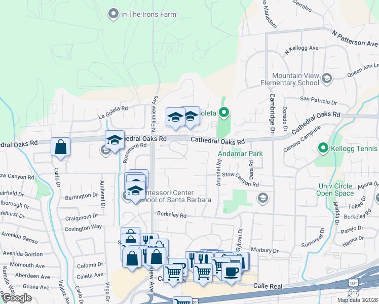 map of restaurants, bars, coffee shops, grocery stores, and more near 5925 Trudi Drive in Goleta