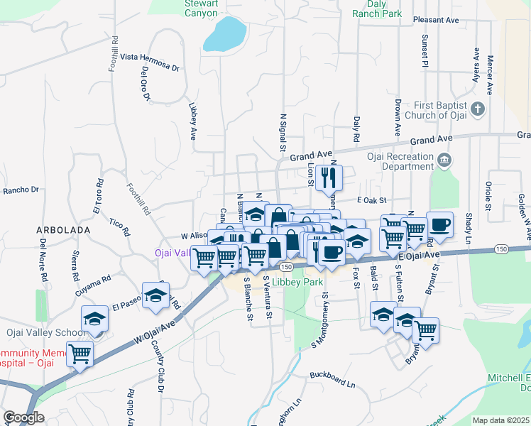 map of restaurants, bars, coffee shops, grocery stores, and more near 312 North Ventura Street in Ojai