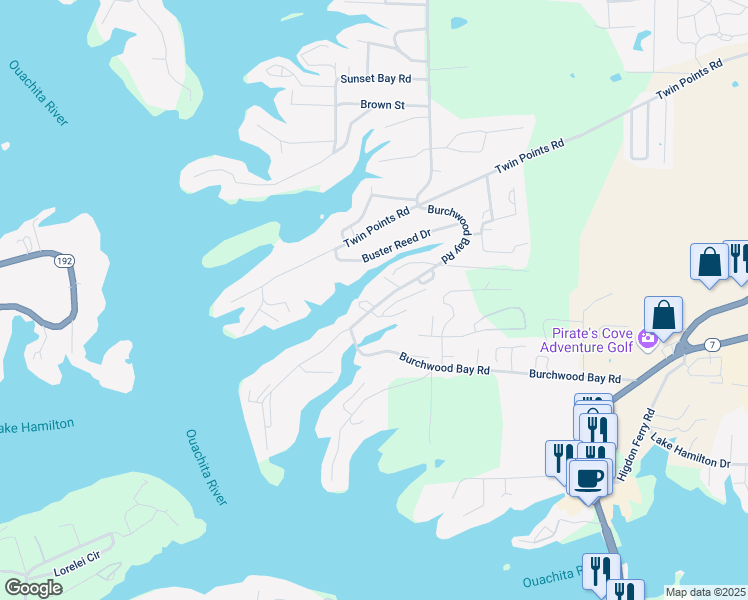 map of restaurants, bars, coffee shops, grocery stores, and more near 513 Burchwood Bay Road in Hot Springs
