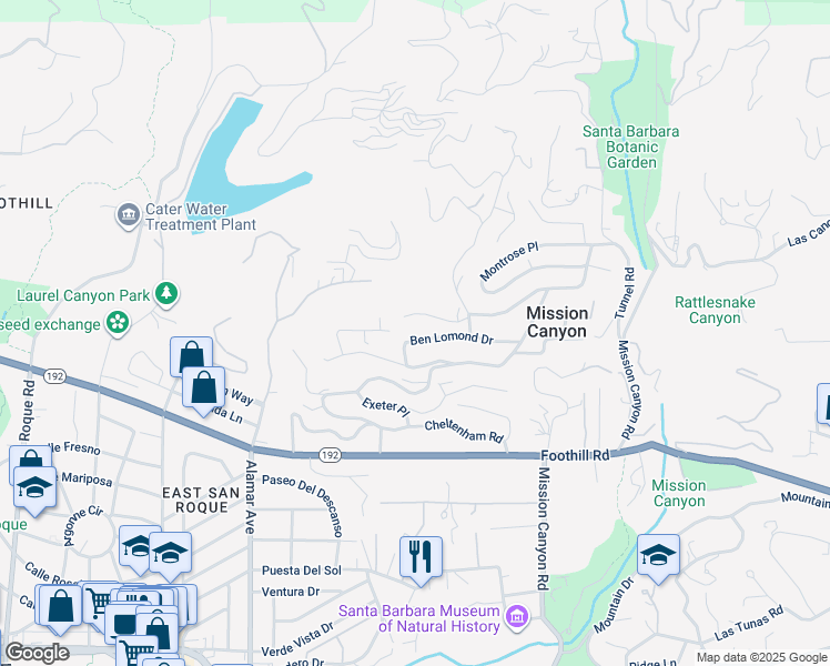 map of restaurants, bars, coffee shops, grocery stores, and more near 2852 Ben Lomond Drive in Santa Barbara
