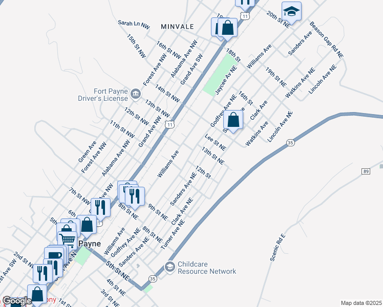 map of restaurants, bars, coffee shops, grocery stores, and more near 1209 Godfrey Avenue Northeast in Fort Payne