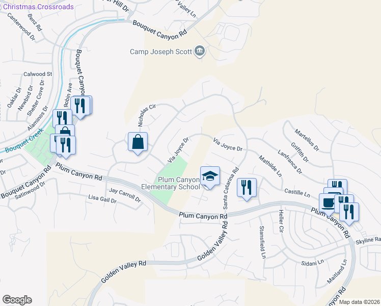 map of restaurants, bars, coffee shops, grocery stores, and more near 20103 Gina Court in Santa Clarita