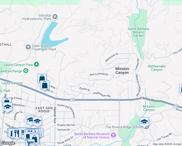 map of restaurants, bars, coffee shops, grocery stores, and more near 2852 Ben Lomond Drive in Santa Barbara