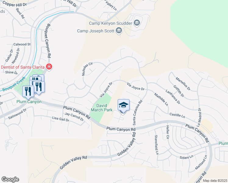 map of restaurants, bars, coffee shops, grocery stores, and more near 20103 Gina Court in Santa Clarita