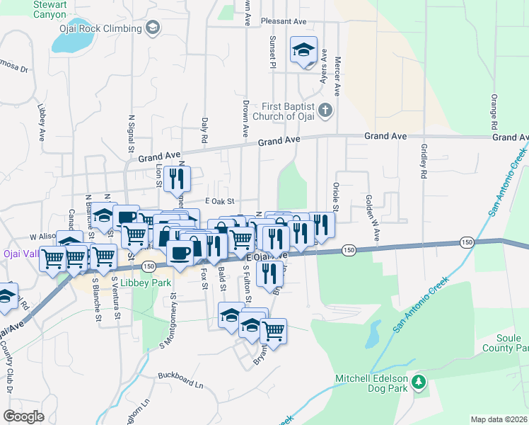 map of restaurants, bars, coffee shops, grocery stores, and more near 304 North Fulton Street in Ojai