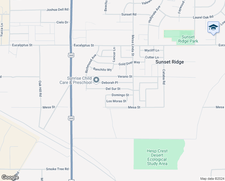 map of restaurants, bars, coffee shops, grocery stores, and more near 12381 Del Sur Street in Victorville