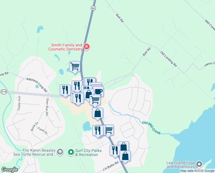 map of restaurants, bars, coffee shops, grocery stores, and more near 1310 Belt Road in Hampstead