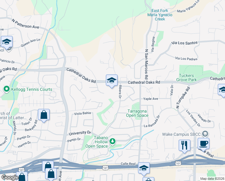 map of restaurants, bars, coffee shops, grocery stores, and more near 711 Ribera Drive in Santa Barbara