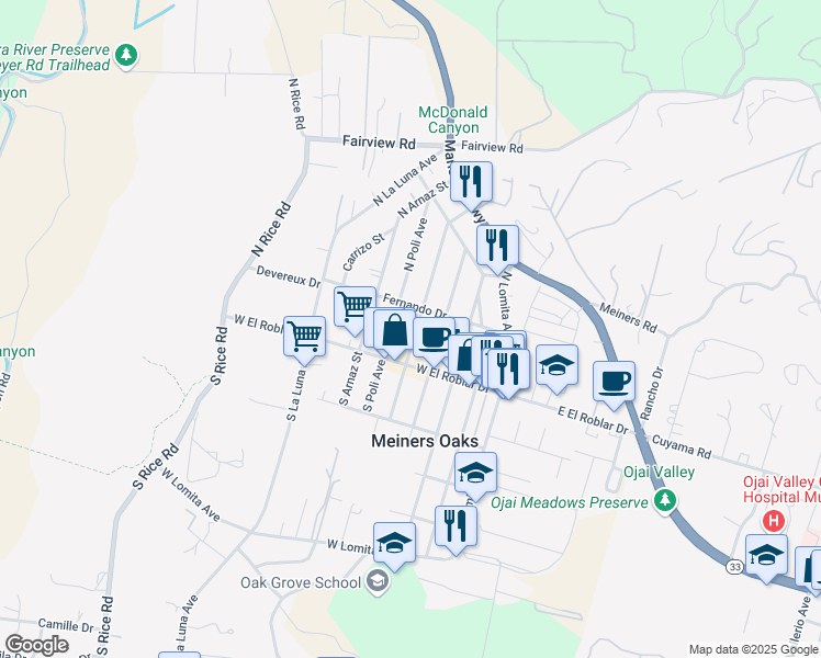 map of restaurants, bars, coffee shops, grocery stores, and more near 151 North Alvarado Street in Ojai