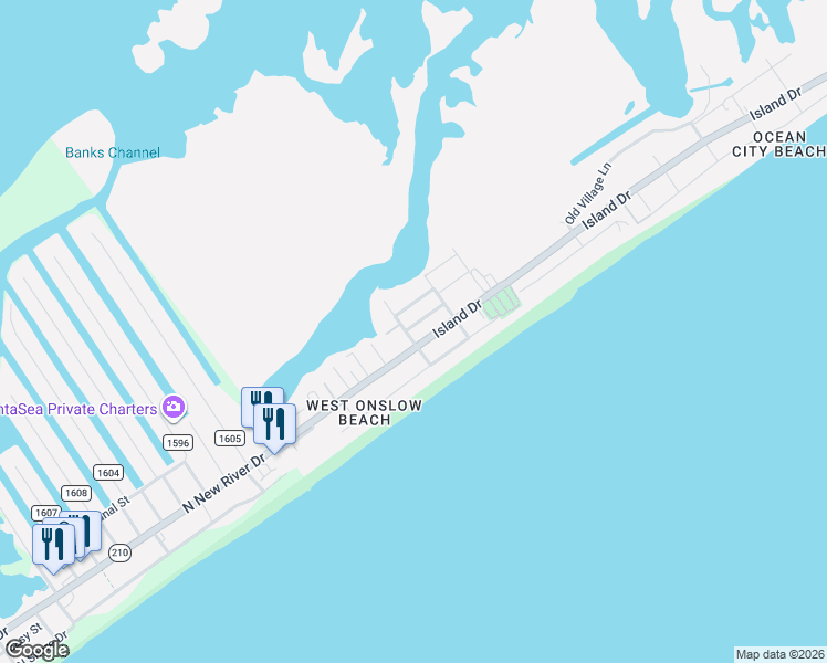map of restaurants, bars, coffee shops, grocery stores, and more near 2383 Island Drive in North Topsail Beach