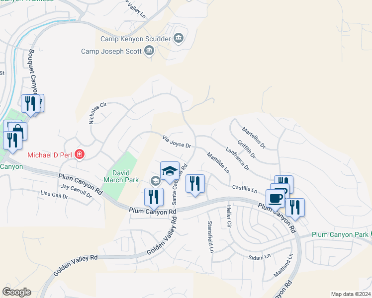 map of restaurants, bars, coffee shops, grocery stores, and more near 19924 Via Joyce Drive in Santa Clarita