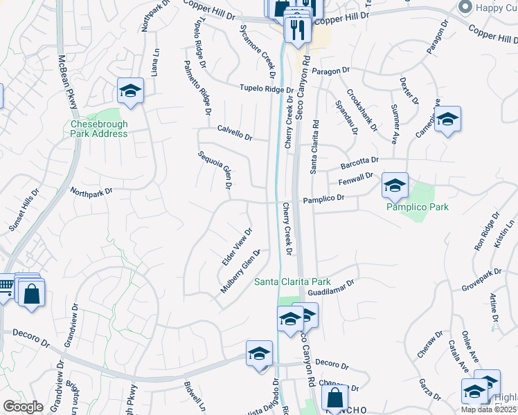 map of restaurants, bars, coffee shops, grocery stores, and more near 22922 Pamplico Drive in Santa Clarita