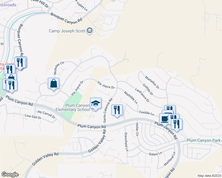 map of restaurants, bars, coffee shops, grocery stores, and more near 19924 Via Joyce Drive in Santa Clarita