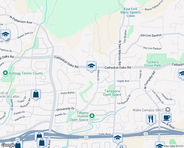 map of restaurants, bars, coffee shops, grocery stores, and more near 711 Ribera Drive in Santa Barbara
