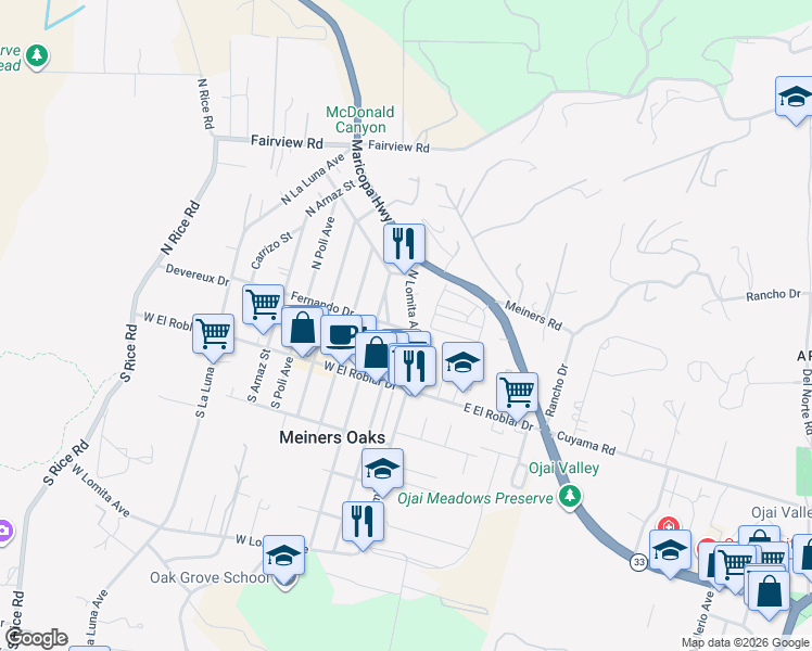 map of restaurants, bars, coffee shops, grocery stores, and more near 205 North Lomita Avenue in Ojai