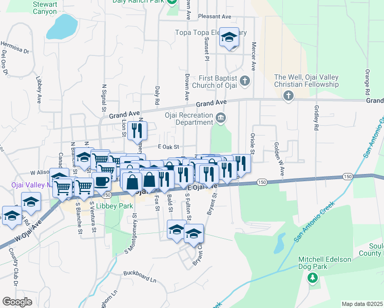 map of restaurants, bars, coffee shops, grocery stores, and more near 307 North Fulton Street in Ojai