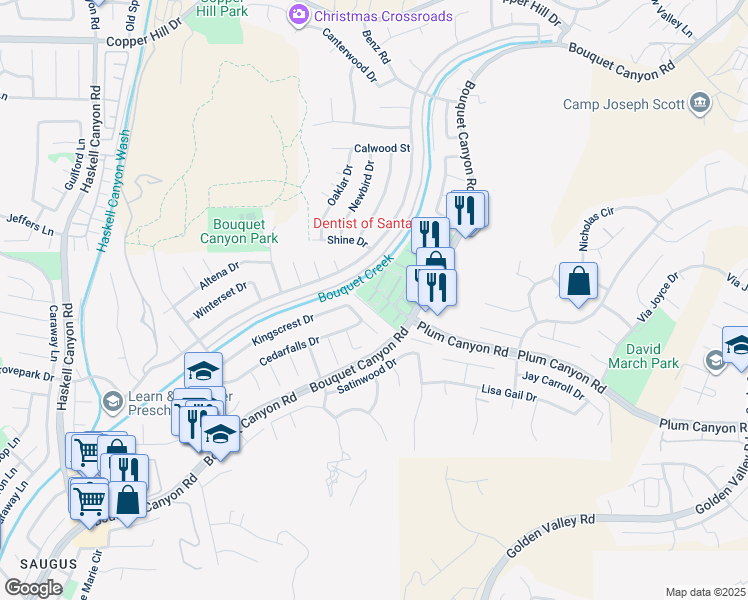 map of restaurants, bars, coffee shops, grocery stores, and more near 20804 Plum Canyon Road in Santa Clarita