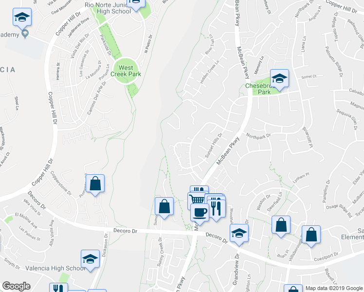 map of restaurants, bars, coffee shops, grocery stores, and more near 27889 Skycrest Circle Drive in Santa Clarita