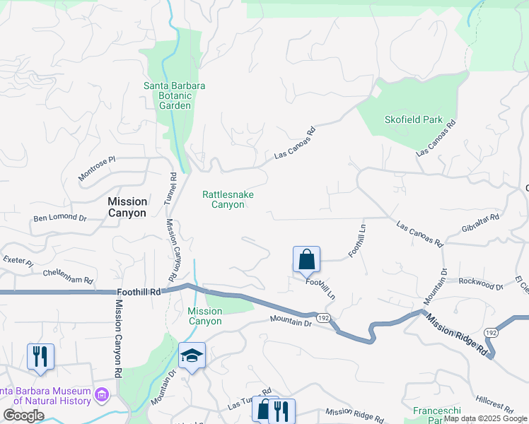 map of restaurants, bars, coffee shops, grocery stores, and more near 2360 Foothill Road in Santa Barbara