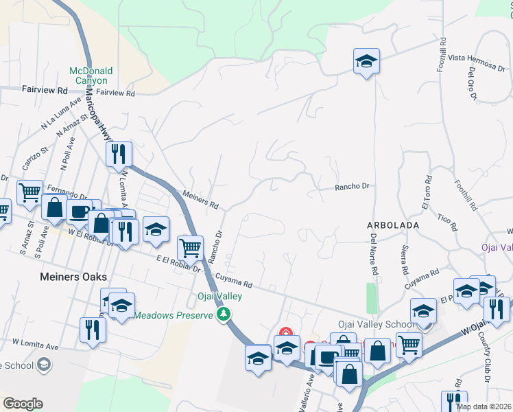 map of restaurants, bars, coffee shops, grocery stores, and more near 425 Montana Circle in Ojai
