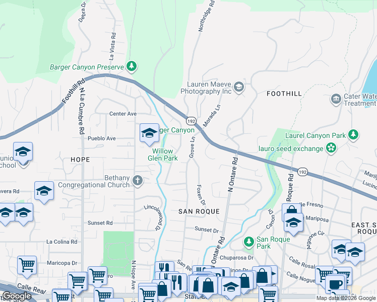 map of restaurants, bars, coffee shops, grocery stores, and more near 715 Grove Lane in Santa Barbara
