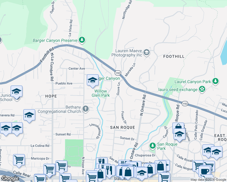 map of restaurants, bars, coffee shops, grocery stores, and more near 715 Grove Lane in Santa Barbara