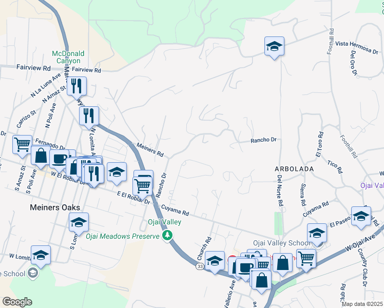 map of restaurants, bars, coffee shops, grocery stores, and more near 431 Montona Circle in Ojai