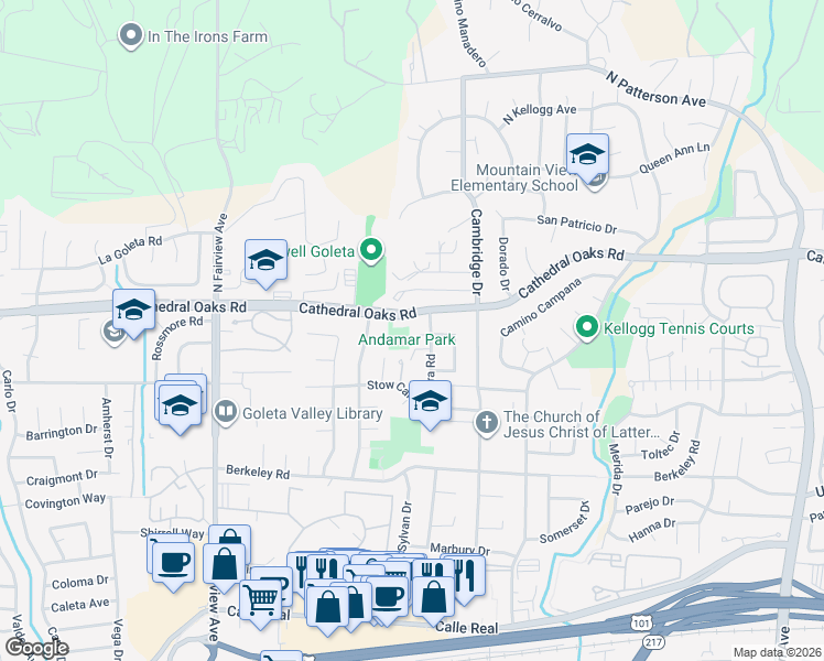 map of restaurants, bars, coffee shops, grocery stores, and more near 698 Andamar Way in Goleta