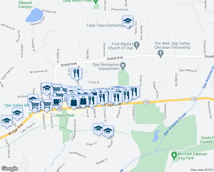 map of restaurants, bars, coffee shops, grocery stores, and more near 307 North Fulton Street in Ojai