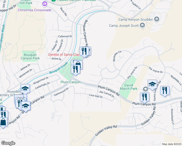 map of restaurants, bars, coffee shops, grocery stores, and more near 20557 Caitlin Lane in Santa Clarita