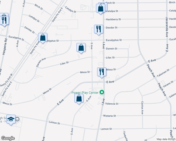 map of restaurants, bars, coffee shops, grocery stores, and more near Mesa Street in Hesperia