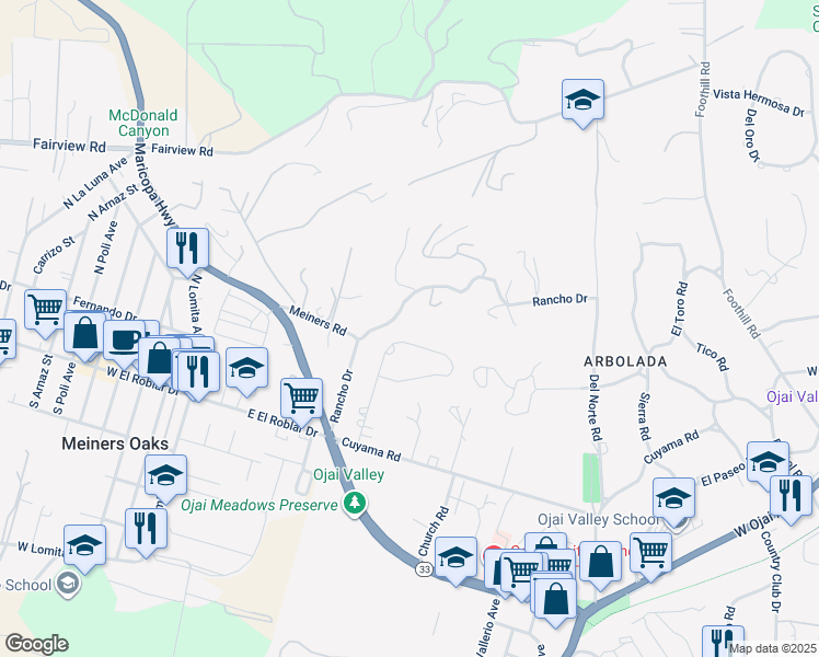 map of restaurants, bars, coffee shops, grocery stores, and more near 431 Montona Circle in Ojai