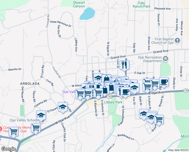 map of restaurants, bars, coffee shops, grocery stores, and more near 402 North Blanche Street in Ojai