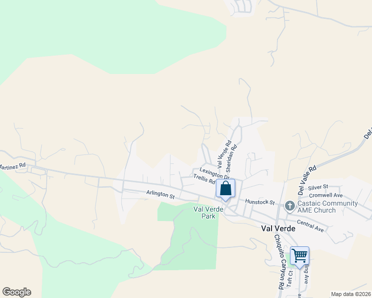 map of restaurants, bars, coffee shops, grocery stores, and more near Justamere Avenue in Val Verde