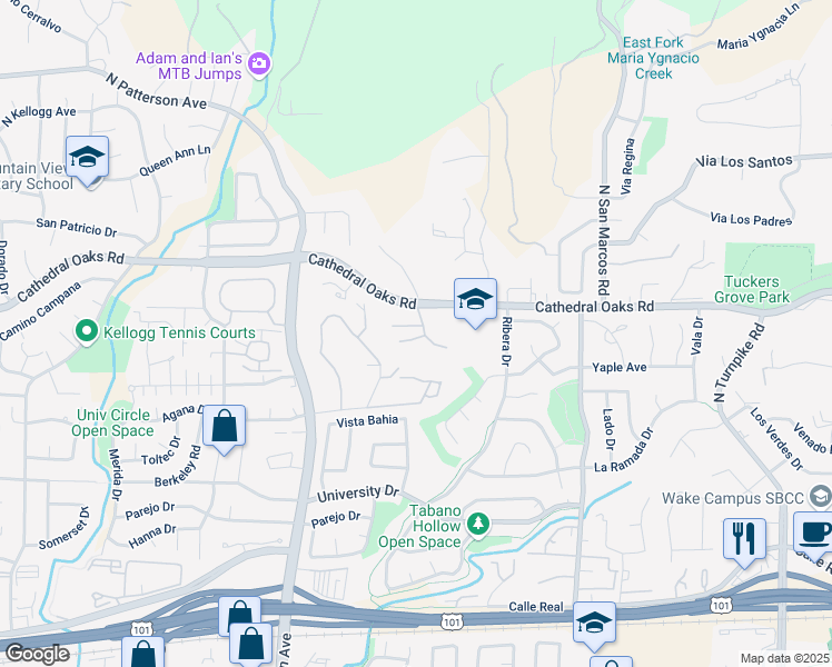 map of restaurants, bars, coffee shops, grocery stores, and more near 5165 Kara Drive in Santa Barbara
