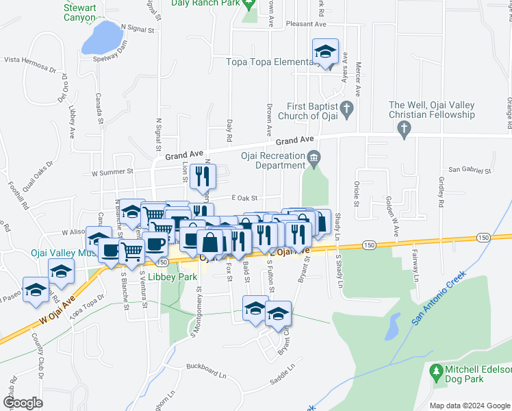 map of restaurants, bars, coffee shops, grocery stores, and more near in Ojai