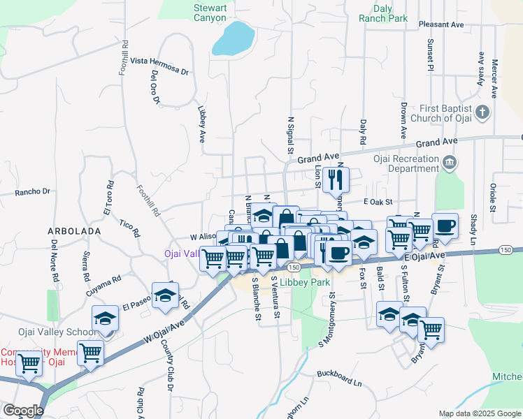 map of restaurants, bars, coffee shops, grocery stores, and more near 402 North Blanche Street in Ojai