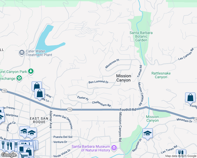 map of restaurants, bars, coffee shops, grocery stores, and more near 2804 Ben Lomond Drive in Santa Barbara