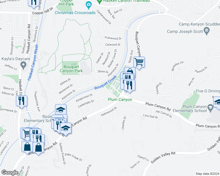 map of restaurants, bars, coffee shops, grocery stores, and more near 20830 Plum Canyon Road in Santa Clarita