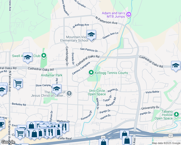 map of restaurants, bars, coffee shops, grocery stores, and more near 5509 Tellina Way in Santa Barbara
