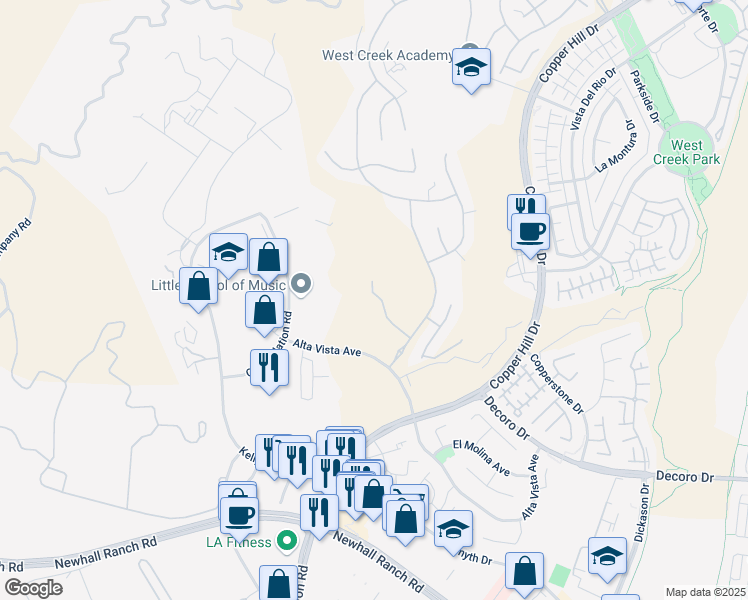 map of restaurants, bars, coffee shops, grocery stores, and more near 28253 Forge Court in Santa Clarita