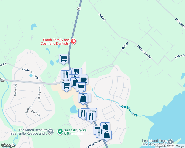 map of restaurants, bars, coffee shops, grocery stores, and more near 119 South Grassland Road in Surf City