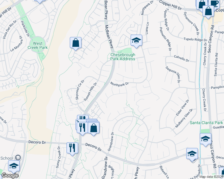 map of restaurants, bars, coffee shops, grocery stores, and more near 27820 Sweetwater Lane in Santa Clarita