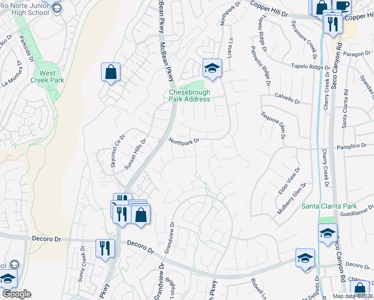 map of restaurants, bars, coffee shops, grocery stores, and more near 27814 Sandstone Court in Santa Clarita