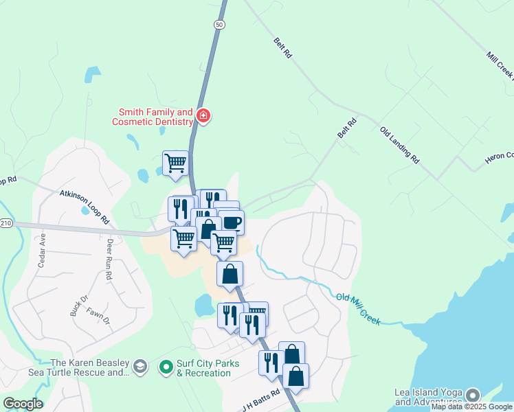 map of restaurants, bars, coffee shops, grocery stores, and more near 119 South Grassland Road in Surf City