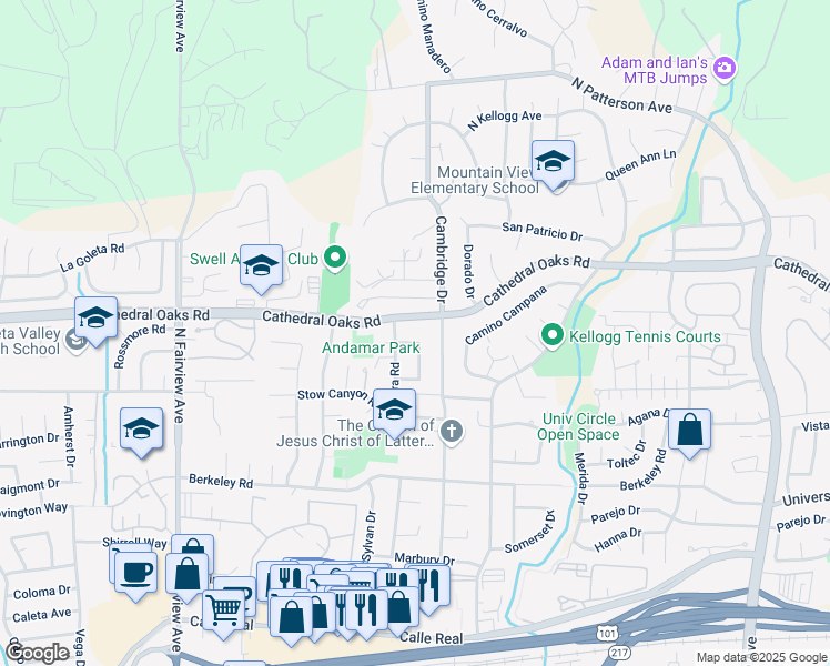 map of restaurants, bars, coffee shops, grocery stores, and more near 664 Andamar Way in Goleta