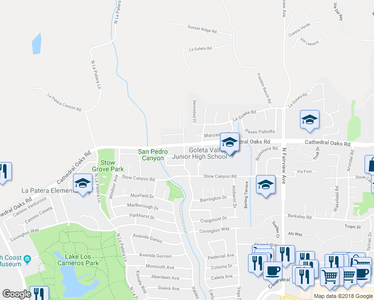 map of restaurants, bars, coffee shops, grocery stores, and more near 677 Carlo Drive in Goleta