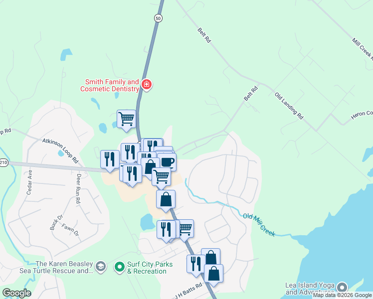 map of restaurants, bars, coffee shops, grocery stores, and more near 845-1313 Belt Road in Holly Ridge