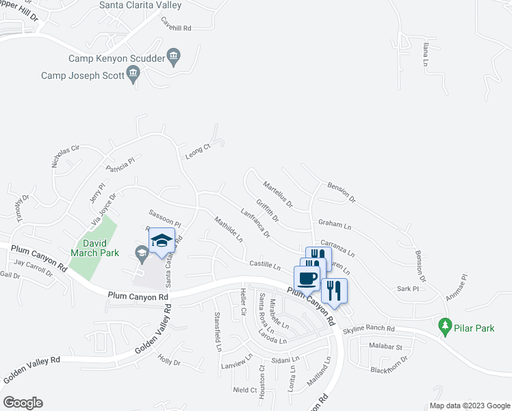 map of restaurants, bars, coffee shops, grocery stores, and more near 19614 Griffith Drive in Santa Clarita